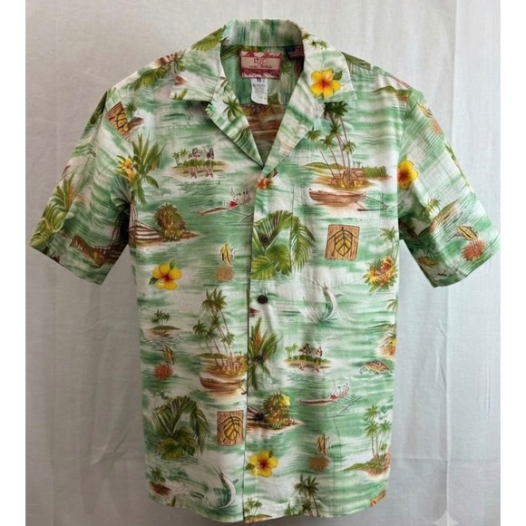 RJC Other - RJC Hawaiian Shirt Mens Medium Green Scenic Hula Canoe Made in Hawaii USA